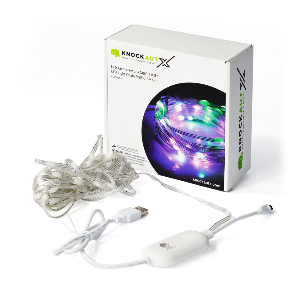 KnockautX LED-Lichterkette RGBIC 5V | 5m LED White & Full Color Strip Stripe Light Hue Leuchte Glühbirne Smart Voll Farbe Smart Home Gebäudeautomation App Steuerung Brelag Schweiz AG Smarte Beleuchtung