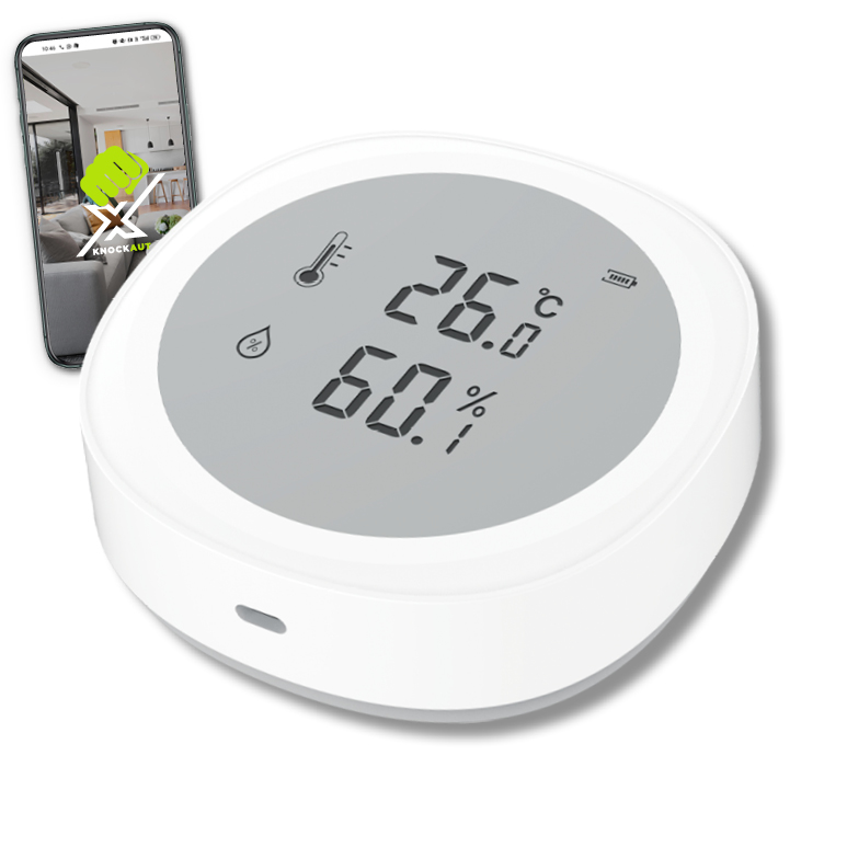 KnockautX Temperatur-/Feuchtigkeitssensor LCD Display Smart Home Gebäudeautomation App Steuerung Luftqualität Heizung Lüftung Funk Batterie Kabellos Plug and Play