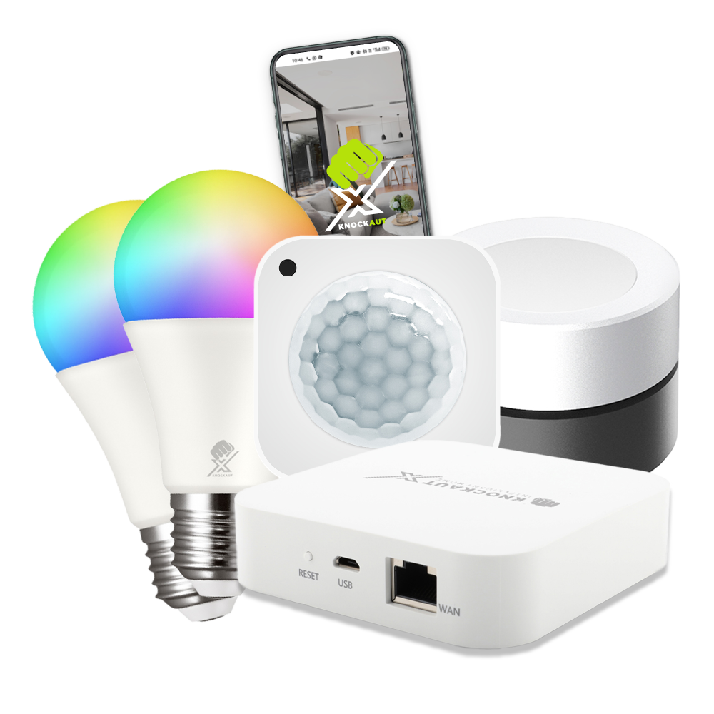 KnockautX Bundle Smartes Licht Smart Home Beleuchtung Automation App Steuerung Philips Hue Bewegungsmelder IoT Gerät Plug and Play Kabellos Drahlos Szenen Dimmen Farbe RGB Weisslicht