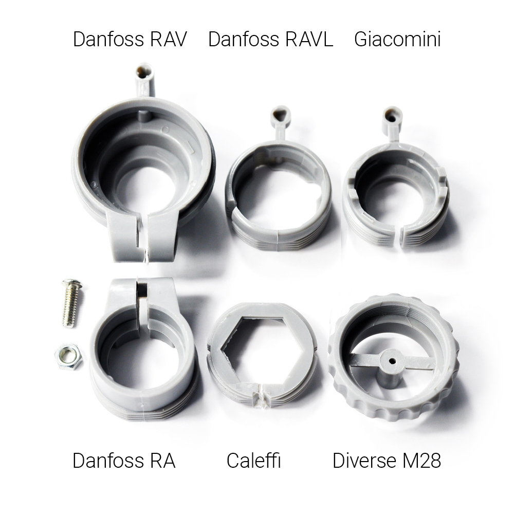 KnockautX Ventiladapter-Set Heizkörperthermost at 6-teilig  - 1 x Adapter für Danfoss RA Ventil 23 mm / 4 Kerben - 1 x Adapter für Danfoss RAV Ventil 34 mm / 4 Kerben - 1 x Adapter für Danfoss RAVL Ventil 25.5 & 26 mm / 4 Kerben - 1 x Adapter für Giacomini Ventil 22.6 mm - 1 x Adapter für Caleffi Ventil 23 mm - 1 x Adapter für Ventile mit Gewinde M28 x 1.5 mm von Comap/SAR, Coterm, Herz, Markardys (MMA), Pettinaroli (Fratelli), Pont a Mousson, Remagg, Sam/Slovarm, TA Heimeier